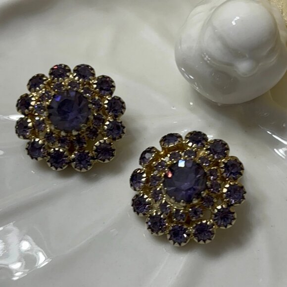 WEISS FAUX AMETHYST RHINESTONE CLIP EARRINGS - Picture 2 of 9